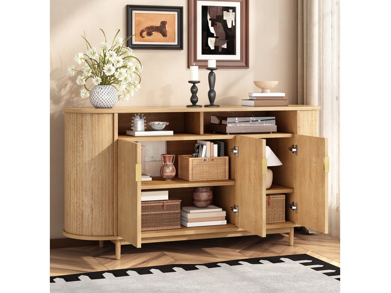  Buffet et enfilade 3 portes, niche ouverte, pieds en pin pour salon, façade à lignes verticales 140 × 40 × 78 cm  - Conforama D