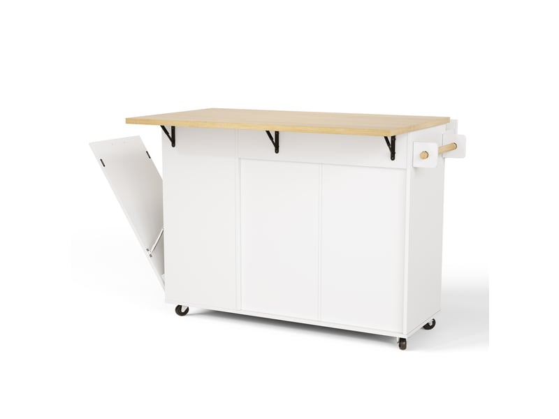  Îlot de cuisine mobile avec plan de travail rabattable, rangement et espace poubelle, îlot central blanc et bois sur roulettes, 130x70x93cm  - Conforama E