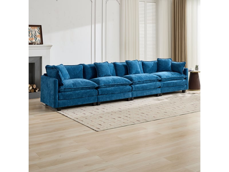Canapé 4 places en chenille bleu, canapé modulable pour salon avec coussins d'assise rembourrés double couche ,pouf non inclus - Conforama B