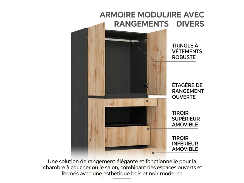  Vestiaire d'entrée avec miroir et led, armoire penderie 135 cm, 5 tiroirs, finition chêne  - Conforama D