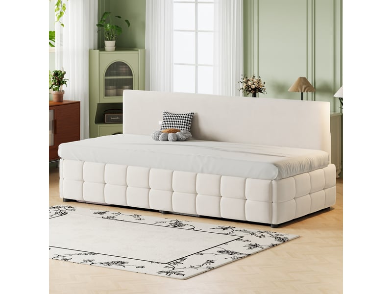  Lit banquette 90 x 200 cm beige en velours avec coffre hydraulique, dossier sans accoudoirs, motif damier bas et sommier à lattes chambre  - Conforama D