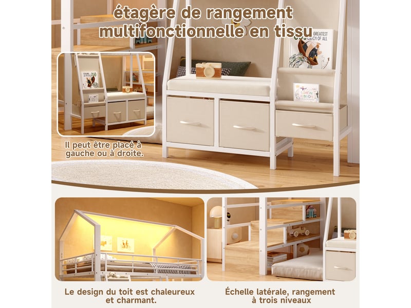 Lit mezzanine 140 x 200 cm avec garde-corps, rangements en tissu, tiroirs, escalier avec placards et led pilotée par application, métal et mdf - blanc OMNIGLINT TRADING LTD - Conforama E