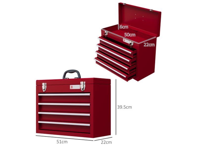  Caisse à outils vide en acier 51 × 22 × 39,5 cm, 4 tiroirs, coffre supérieur, poignée et serrure  - Conforama E