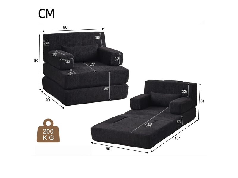  Canapé droit 2-en-1, sofa modulable en chenille, assise individuelle ajustable pour salon, chambre, bureau, 80 x 90 x 90 cm, noir  - Conforama C