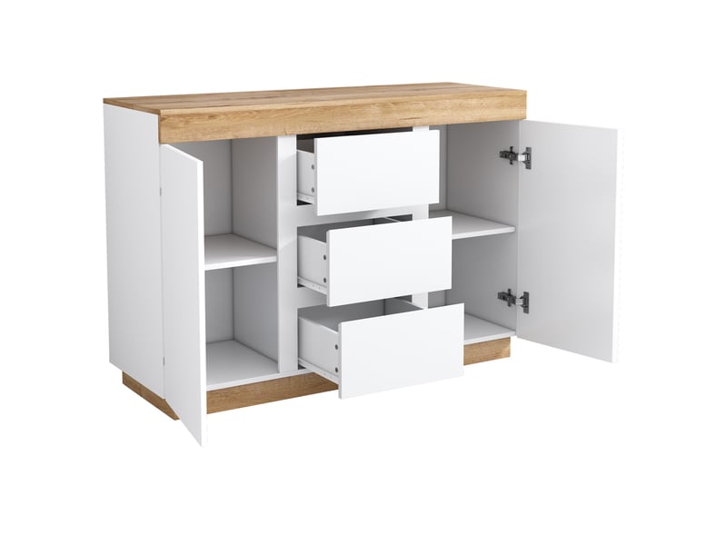  Commode modenvie 3 tiroirs et 2 portes 120,5 x 40,2 x 82,5 cm panneaux de particules e1 blanc et chêne  - Conforama A