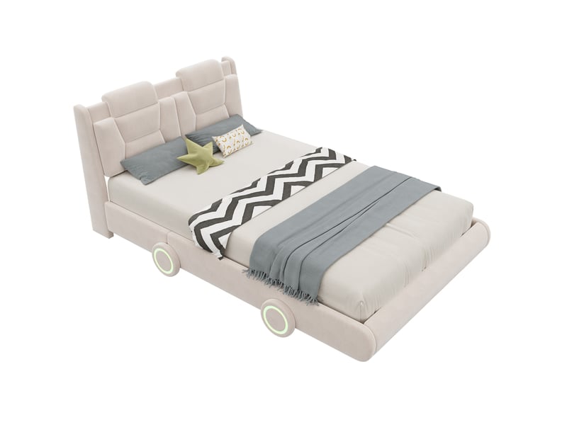  Lit enfant voiture 140x200 cm avec tête de lit réglable et roues lumineuses  - Conforama A