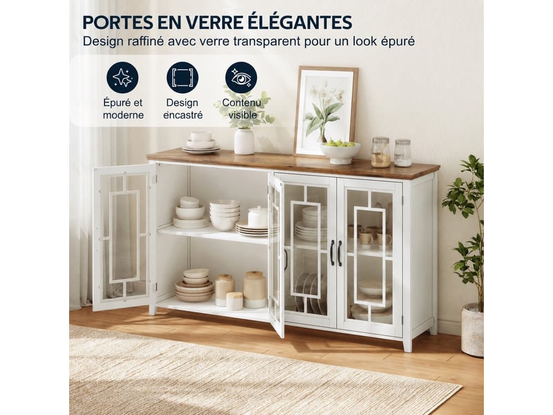 Buffet de cuisine 160 cm avec portes vitrées, rangement spacieux et plateau aspect bois, blanc et marron - Conforama C