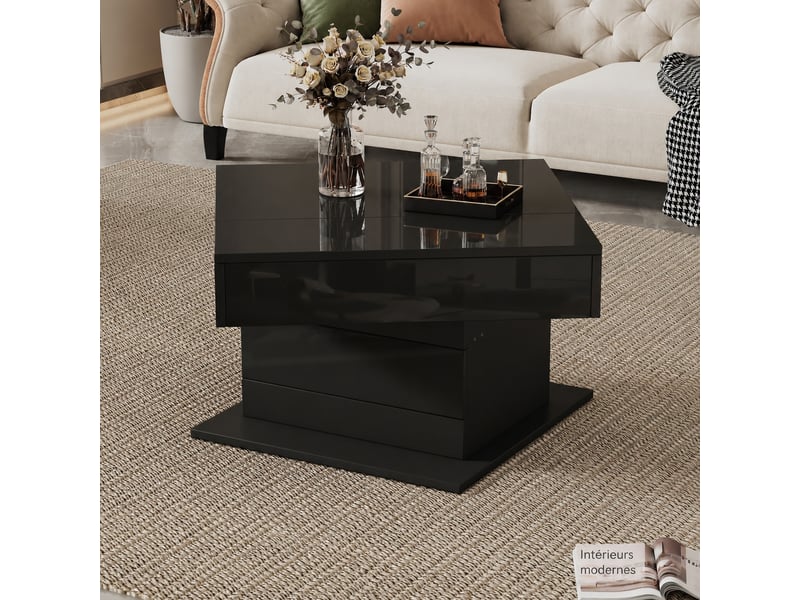  Table basse carrée noire relevable 70 x 70 cm, plateau rotatif 360°, rangement caché, noir  - Conforama B