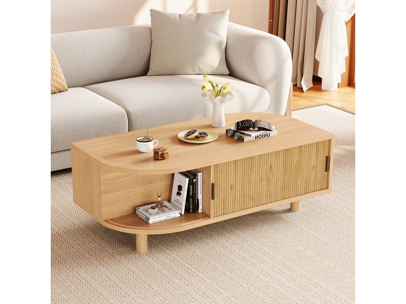  Table basse en bois clair avec portes coulissantes, 100x50x35 cm, table de salon scandinave avec rangement  - Conforama W