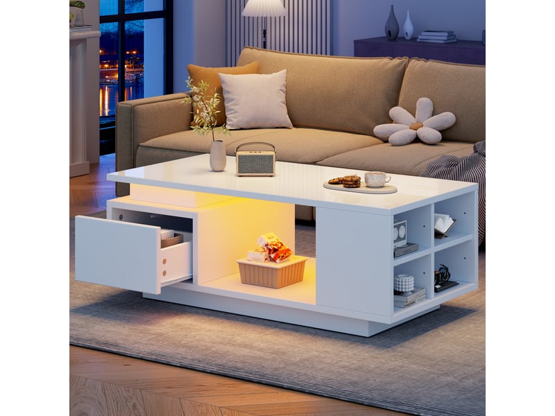  Table basse avec 1 tiroir, 4 niches et espace ouvert, led, finition brillante pour salon, en panneaux, 100×50×36 cm - uvrion  - Conforama B