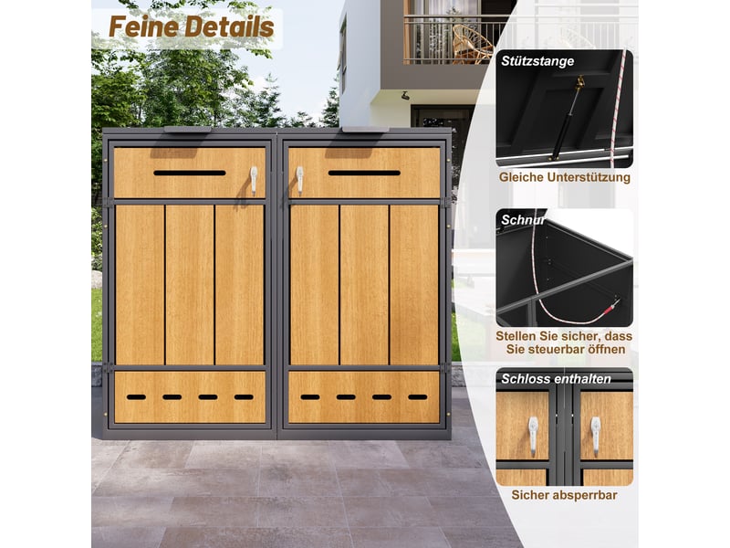  Abri poubelle 4 bacs avec couvercles rabattables et portes avant - en acier gris et décor bois  - Conforama E