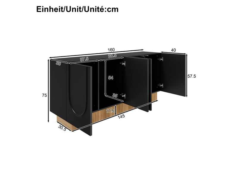  Buffet 160x75x38 cm avec 4 portes, meuble de rangement à 4 compartiments, façades à relief en u et socle décor bois, finition mate, noir Seren Glow - Conforama C