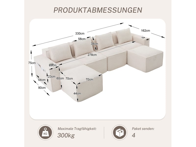  Canapé droit modulable 4 places, 330x162x75cm, avec 2 poufs, porte-gobelets, rangements latéraux, velours côtelé, beige  - Conforama C