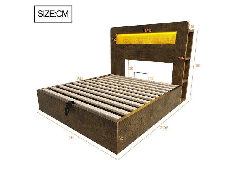  Lit plateforme bois 140*200 cm, relevage hydraulique, tête de lit led, prises et casiers, coloris bois vieilli  - Conforama B