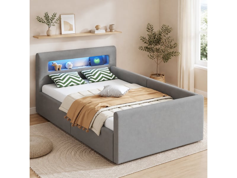 Lit enfant capitonné 90 x 200 cm en velours gris clair avec led, usb et rangement hydraulique - Conforama C