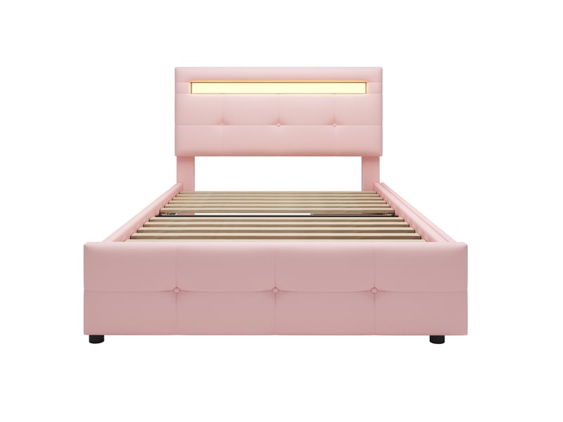  Modenvie lit 1 place 90x200 cm - led intégrée, 2 tiroirs, sommier inclus, sans matelas - rose  - Conforama A