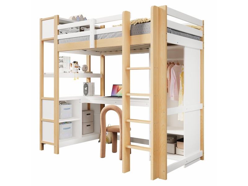 Lit mezzanine 90x200cm, avec étagères, nombreux rangements, bureau, armoire, naturel