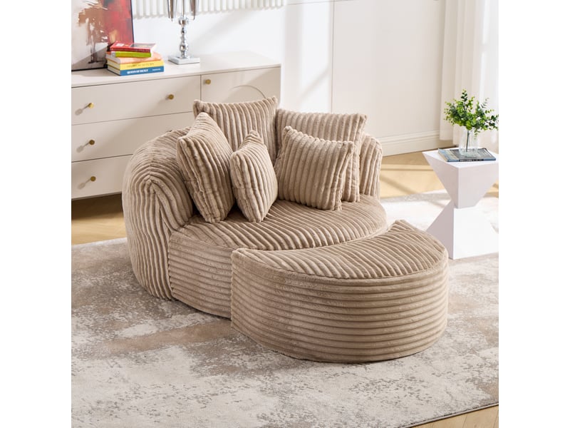  Fauteuil rond de détente modenvie avec repose-pieds, 5 coussins, chenille côtelée, camel et marron, 168 x 123 x 63 cm  - Conforama B