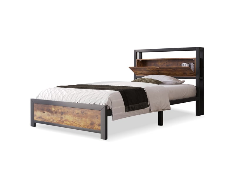  Lit 1 place 90x200cm, lit métal avec tête de lit et sommier, rangement, lit jeune, noir+marron  - Conforama A