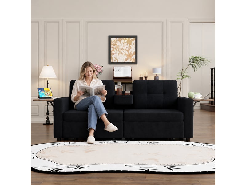  Canapé droit 2 places en chenille 178 x 71 cm avec rangement intégré, tablette rabattable, porte-gobelets et assise réglable - noir  - Conforama E