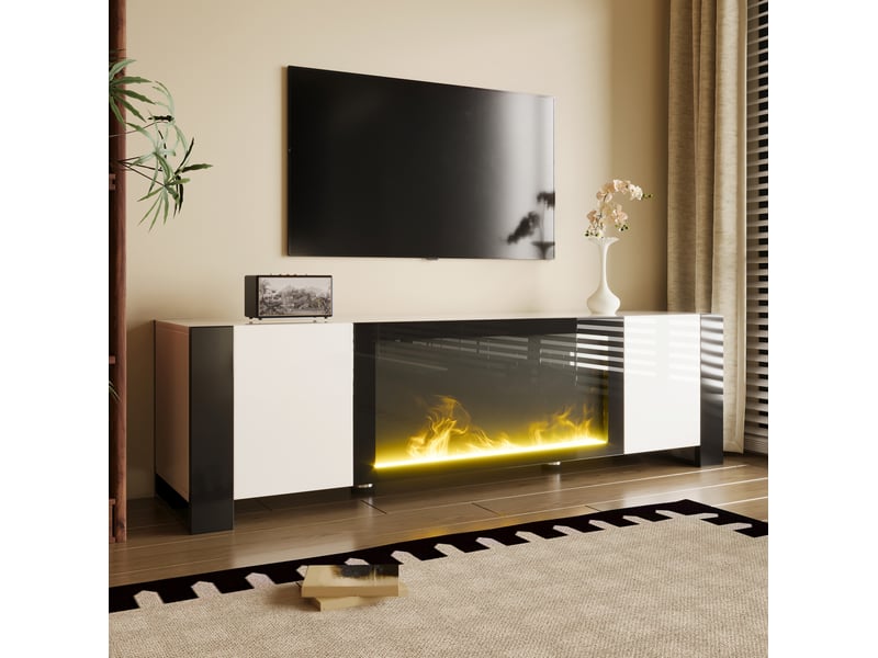  Meuble tv 165 cm avec cheminée électrique décorative sans chauffage, blanc et noir  - Conforama B