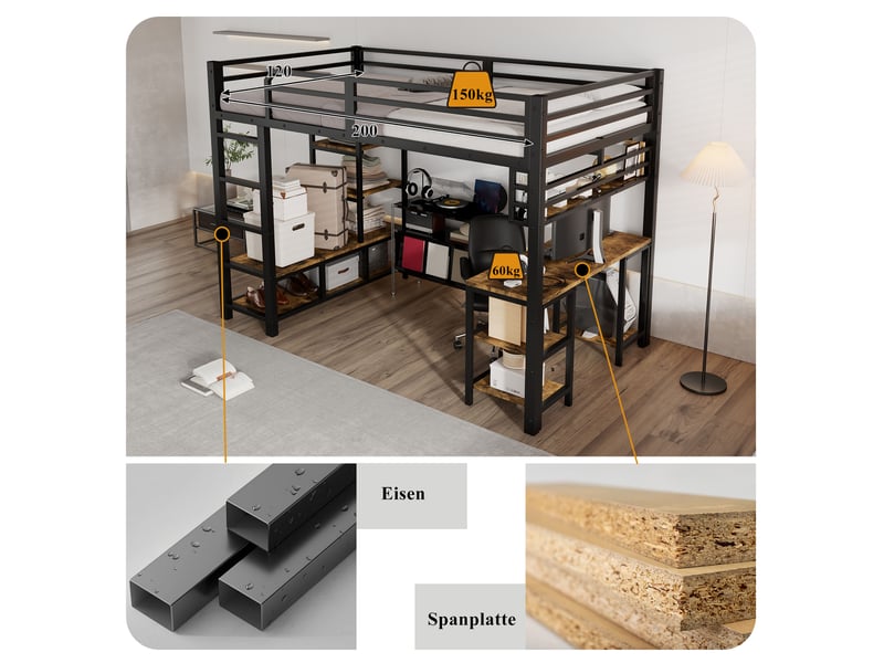  Lit mezzanine enfant 200×120 cm avec bureau intégré, tablette et échelle à 4 marches, sans matelas, noir et noyer foncé  - Conforama E