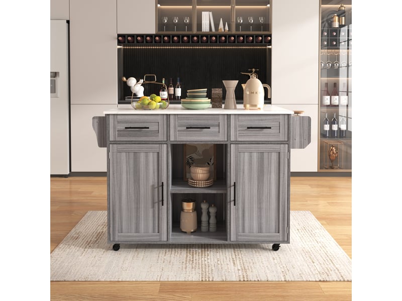  Îlot de cuisine gris avec plateau rabattable et effet marbre blanc, chariot de service avec rangement, 139x46x91.5 cm  - Conforama D