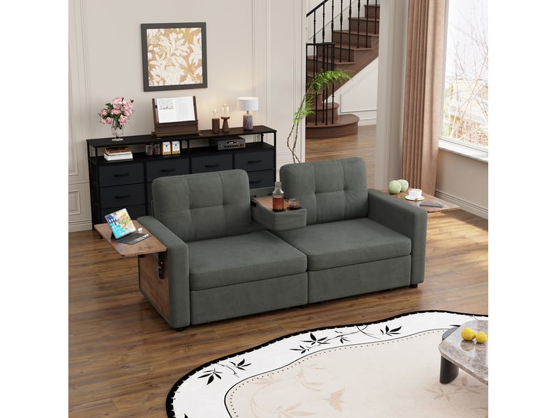  Canapé convertible 2 places 178x71x57,5 cm, gris foncé en chenille, 2 tiroirs et tablettes réglables  - Conforama B
