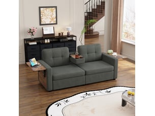 Canapé droit convertible DESVIAE 2 places Tissu gris avec coffre de rangement