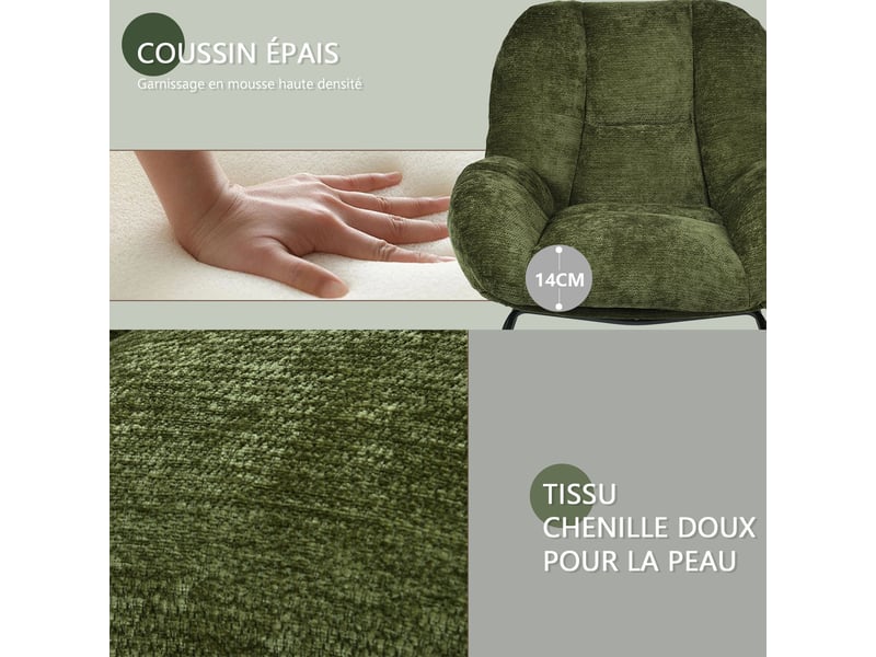  Lot de 2 fauteuil à bascule scandinave, rocking chair en tissu chenille, pieds en bois d’hévéa, vert  - Conforama E