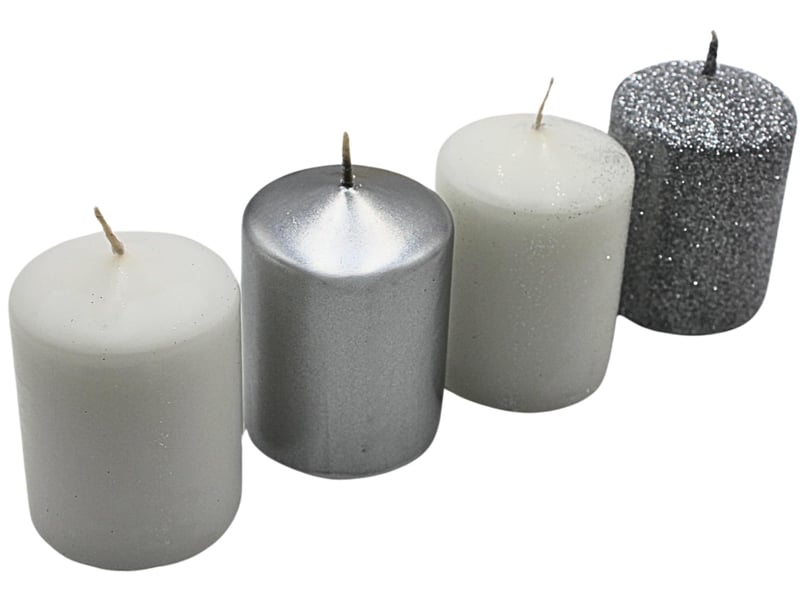  Lot de 4 bougies piliers, pour couronne de l'avent, bougies de table, en bloc - argentéblanc - 5 x 5 x 7 cm (l x l x h)  - Conforama E
