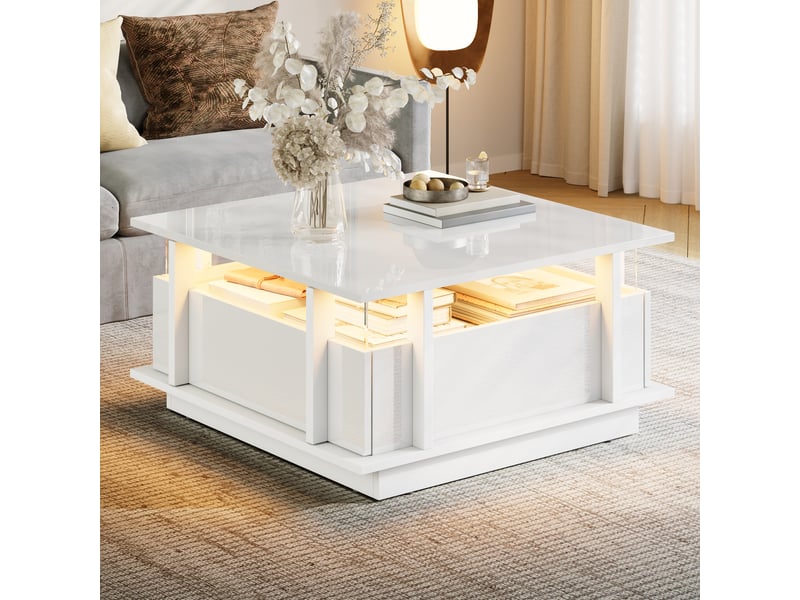  Table basse carrée 70x70 avec 2 tiroirs de rangement - éclairage led intégré et rebords en acrylique  - Conforama W