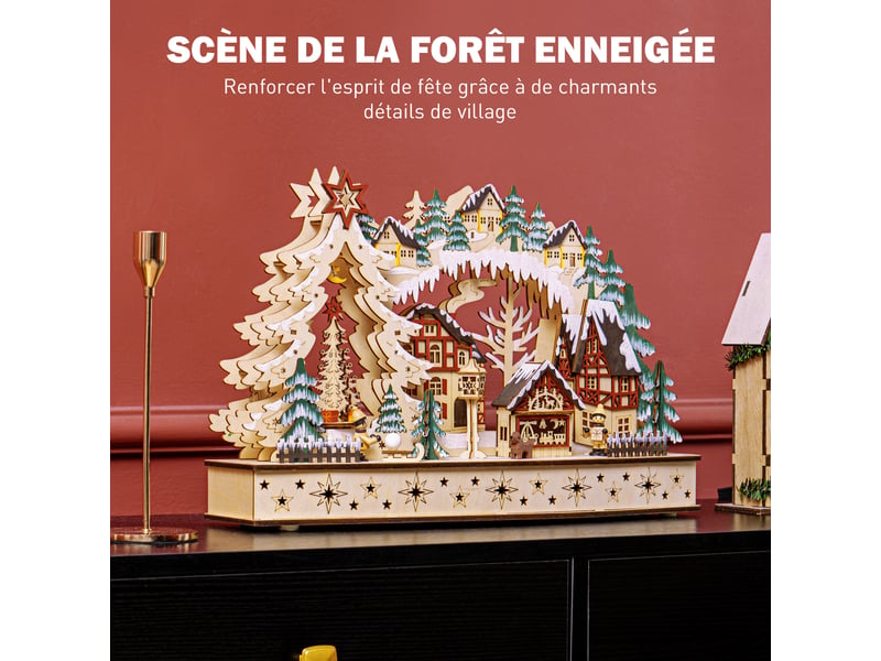  Village de noël lumineux, village de noël animé en bois, avec 20 led, 45l x 12l x 30h cm, paysage enneigé, bois naturel  - Conforama A