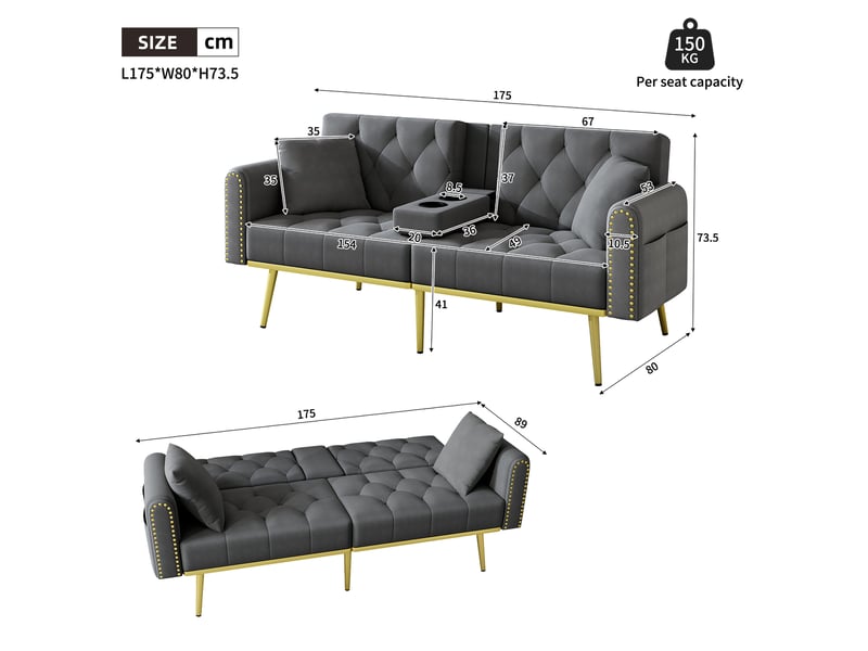  Canapé-lit modenvie 2 places en velours gris dossier réglable 175 x 80 cm  - Conforama C