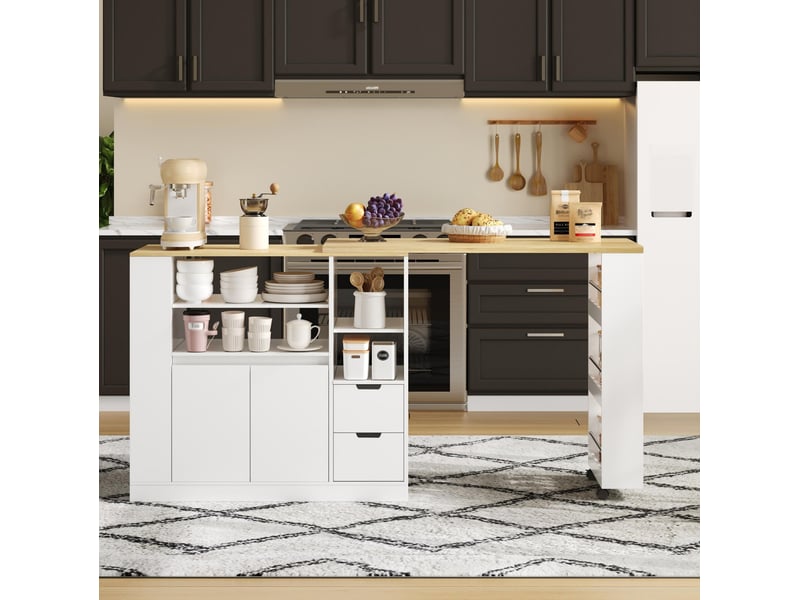  Îlot de cuisine 115x50x92 cm blanc et naturel, plateau rotatif extensible  - Conforama D