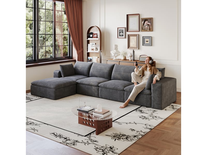 Canapé modulaire 4 places sans montage avec rembourrage amovible - soutien intégral en mousse, tissu gris foncé - Conforama B