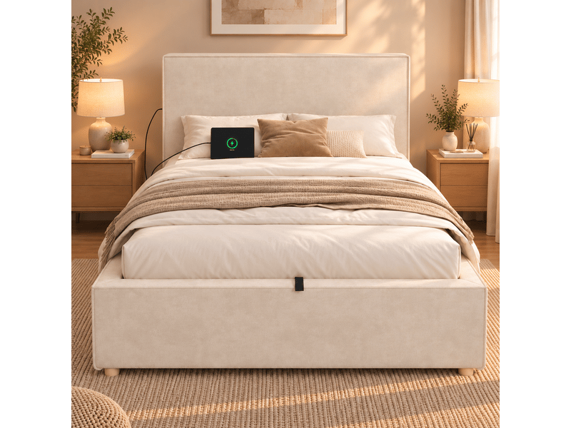 Lit avec rangement beige en chenille 90x200 cm avec grand espace de rangement et revêtement doux et confortable  - Conforama E
