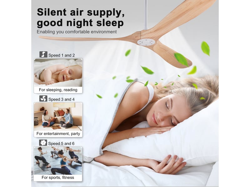  Ventilateur de plafond 183 cm sans éclairage bois massif blanc et naturel 6 vitesses télécommande silencieux minuterie et mémoire  - Conforama D