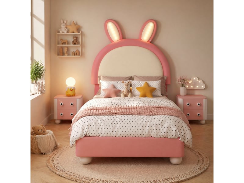  Lit enfant rembourré, lit simple avec tête de lit lapin, led et bords moussés, 90x200 cm, sans matelas, rose et blanc  - Conforama B