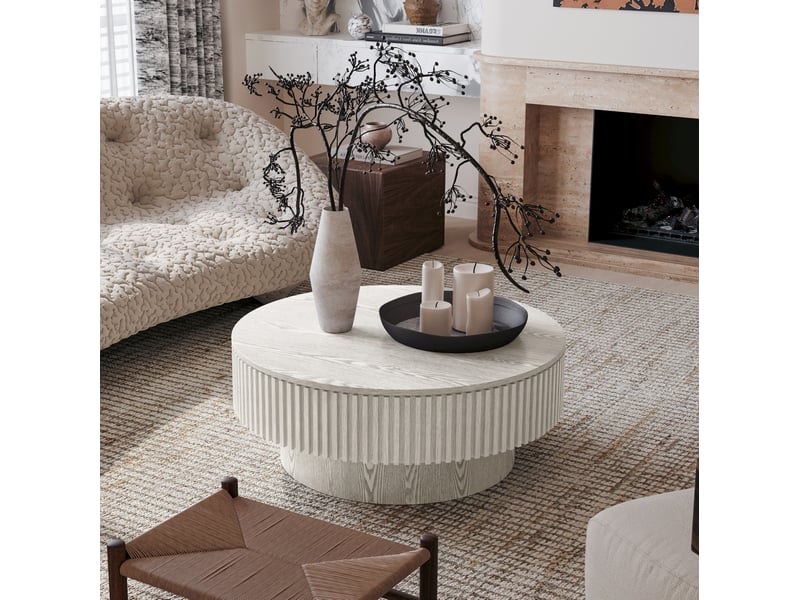  Table basse ronde avec rangement dissimulé sous plateau, finition bois blanc rétro, pour salon et chambre, 82 × 25 × 82 cm  - Conforama C
