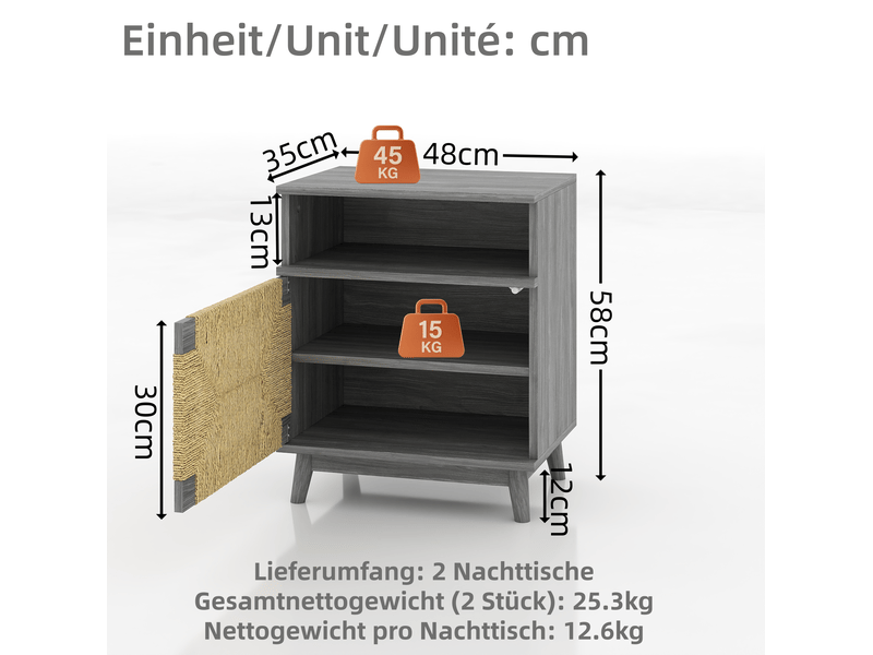  Lot de 2 tables de chevet boho 48x35x58 cm gris avec porte  - Conforama C