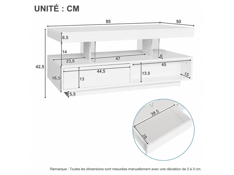 Table basse blanche brillante 95 x 50 x 42,5 cm, led bluetooth, 2 tiroirs, verre, blanc - Conforama E