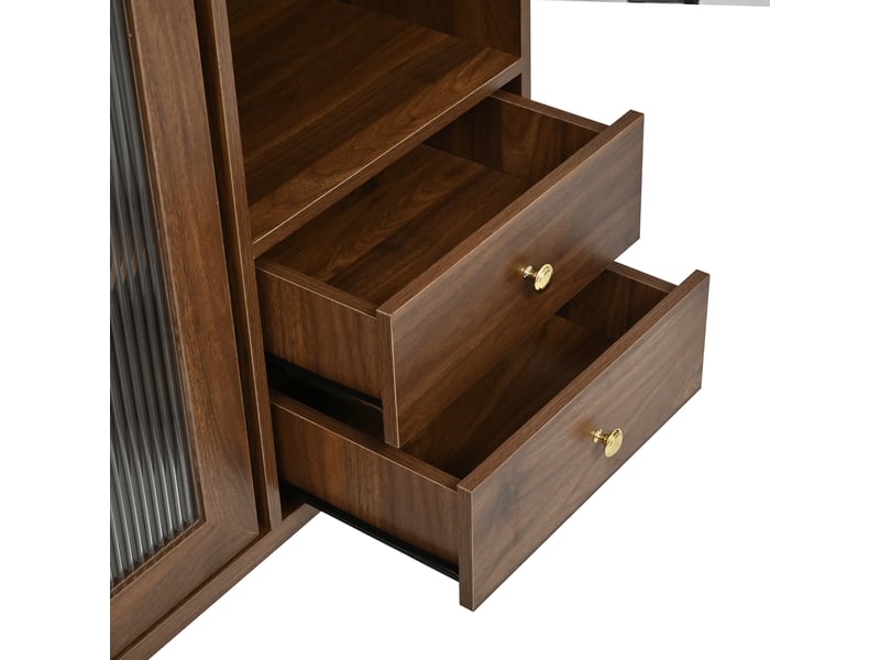  Buffet de cuisine 117 x 30 x 170 cm, 4 portes coulissantes en verre rainuré, 2 tiroirs, niches, panneau arrière perforé, noyer evarich - Conforama D