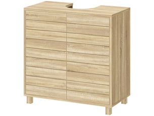Meuble sous-évier avec étagère réglable, portes à lattes et mécanisme d'ouverture par simple pression pour lavabos sur pied ou muraux.