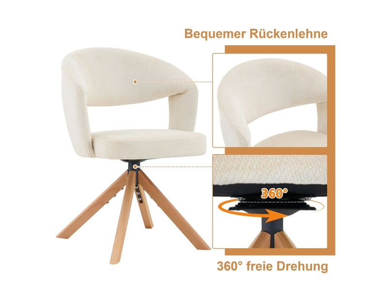  Lot de chaises 2 pièces pivotantes style rétro luxe tissu texturé crème blanc pieds en bois massif rotation silencieuse 360° dossier galbé  - Conforama E