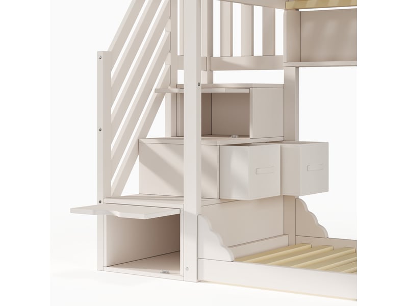 Lit superposé enfant 90x200 cm – blanc – escalier-rangement, 2 tiroirs et 3 étagères ouvertes – sans matelas - Conforama E