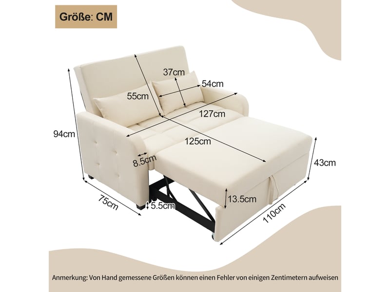  Canapé convertible 180 x 127 cm, couchage 110 x 180 cm, dossier réglable 3 positions, mousse haute densité, coton et lin, 2 coussins beige  - Conforama C