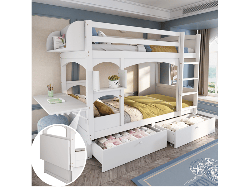 Lit superposé enfant 90x200 cm avec bureau pliable et 2 tiroirs bois et mdf blanc sans matelas  - Conforama B