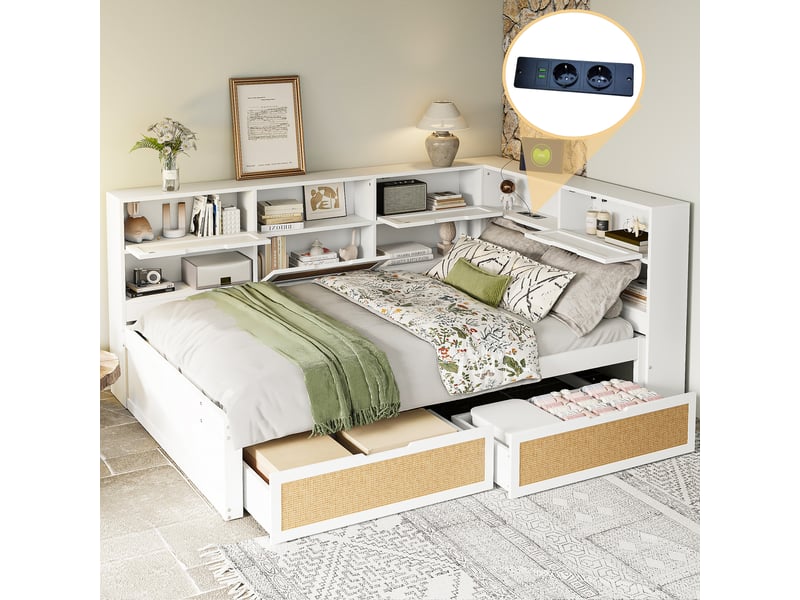  Lit banquette 200×140 cm avec 2 tiroirs, rangements et ports usb, en pin, contreplaqué et mdf blanc  - Conforama B
