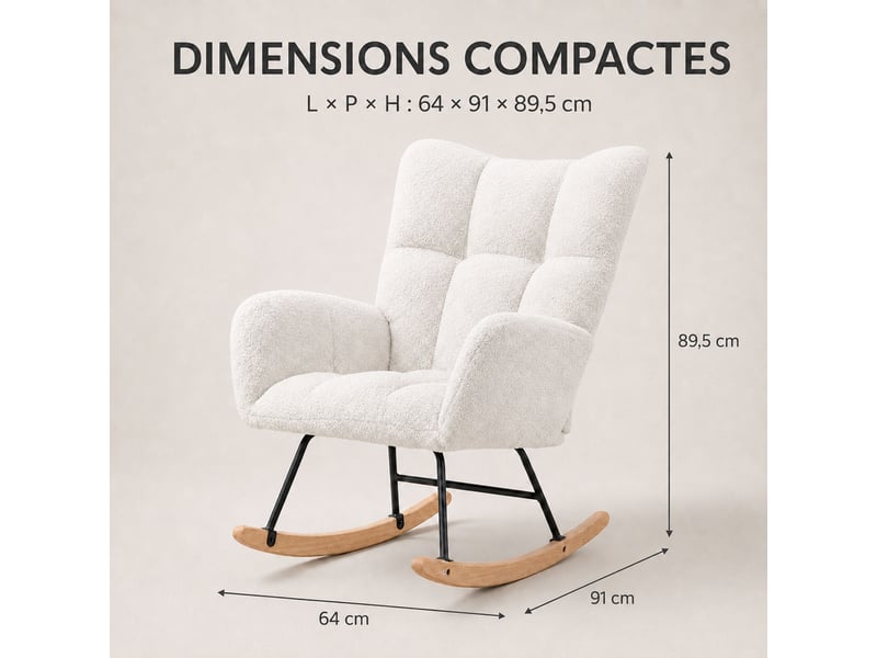  Fauteuil à bascule teddy blanc, fauteuil rocking‑chair ergonomique avec dossier haut et accoudoirs rembourrés, base en bois massif, chaise de relaxation pour salon, chambre et chambre bébé  - Conforama D